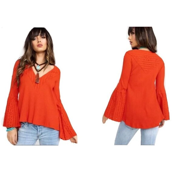 Free People Parisian Nights Red Ribbed Blouse Bell Sleeve Top Vermillion Size S - Picture 3 of 15